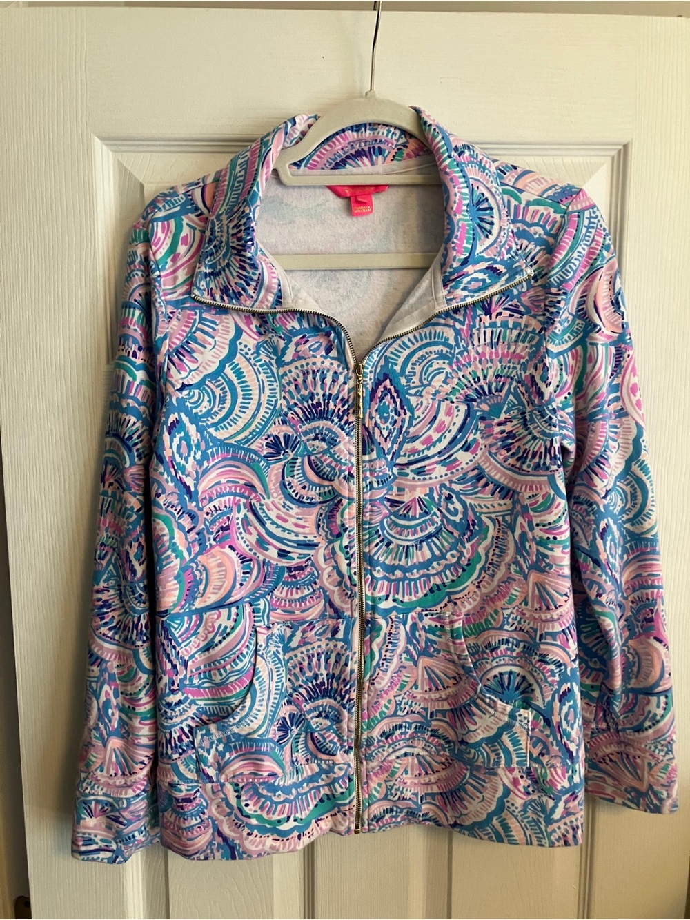 Lilly Pulitzer Pink Blue Turquoise Zip Front Patterned Top